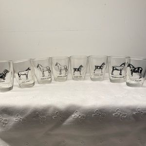 8 Vintage shot glasses. 7 horse breeds and 1 dog. Rare/Collectible.